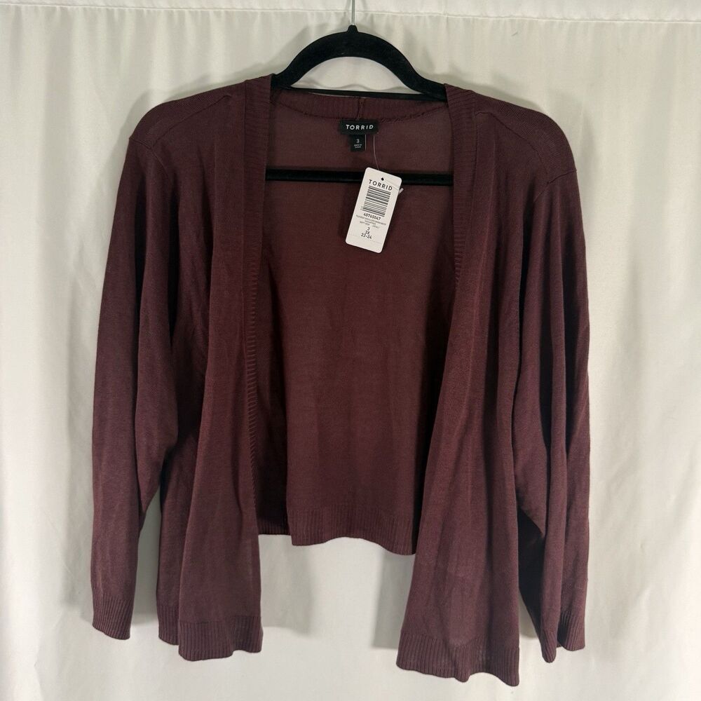 New Torrid Cardigan Women's 3 3X Burgundy Open Front Cropped Lightweight